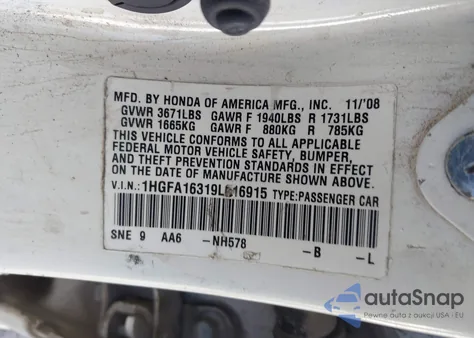 2009 Honda Civic Vp from USA, damaged, VIN 1HGFA16319L016915